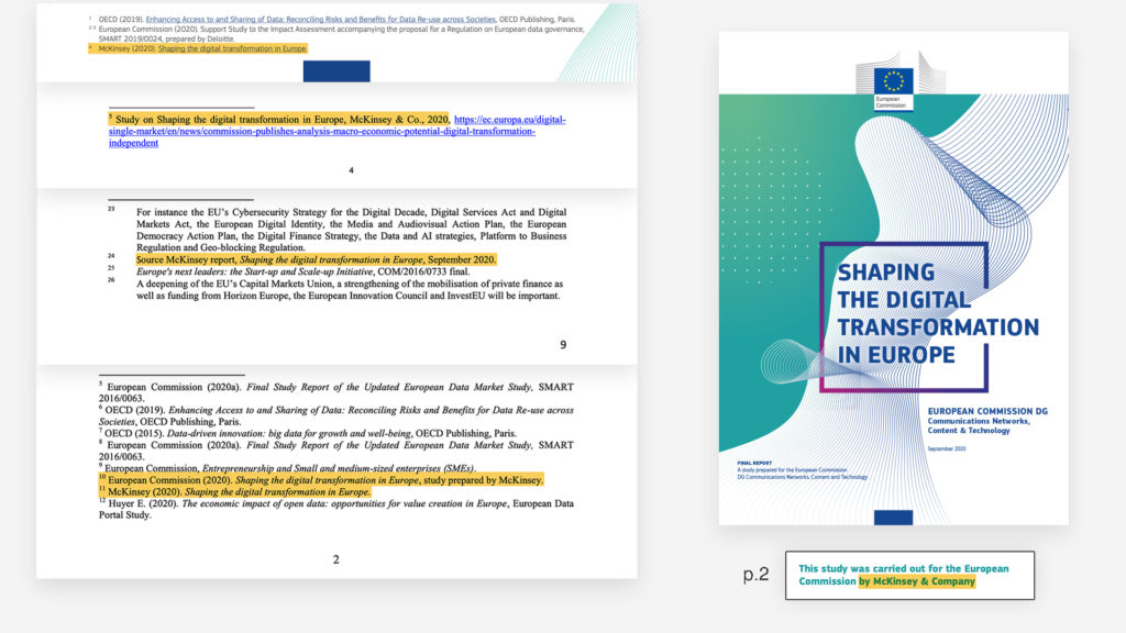 Citations sur la gauche et première page du rapport sur la droite avec un encart "This study was carried out for the European Commission by McKinsey & Company