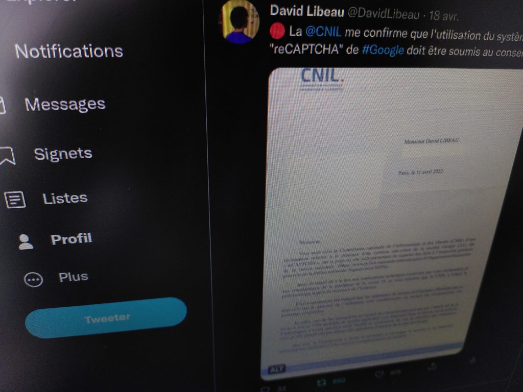DavidLibeau's tweet with CNIL's letter