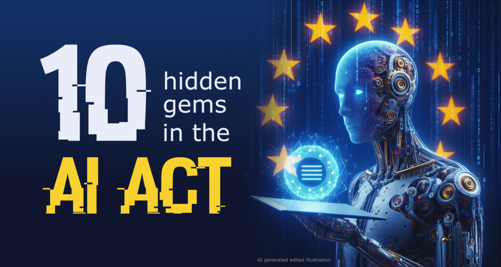 AI generated edited illustration of an android with a tablet and European stars in the background, text: 10 hidden gems in the AI act